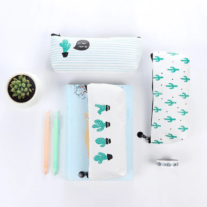 Brief Style Green Cactus Canvas Large Capacity Pencil Bag Stationery Storage Organizer Case School Supply