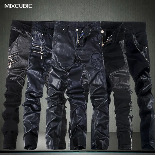 2022 fashion skinny skull Spliced leather pants men casual slim fit washing Locomotive leather pants men feet pants,28-36