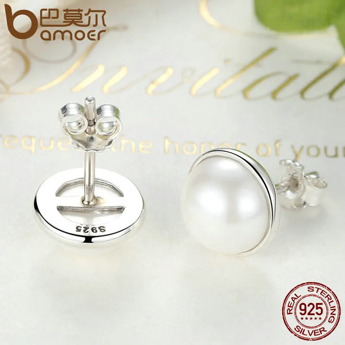 BAMOER Fashion 925 Sterling Silver Elegant Beauty, Round White Shell Pearl Stud Earrings Women Engagement Jewelry Brincos PAS489