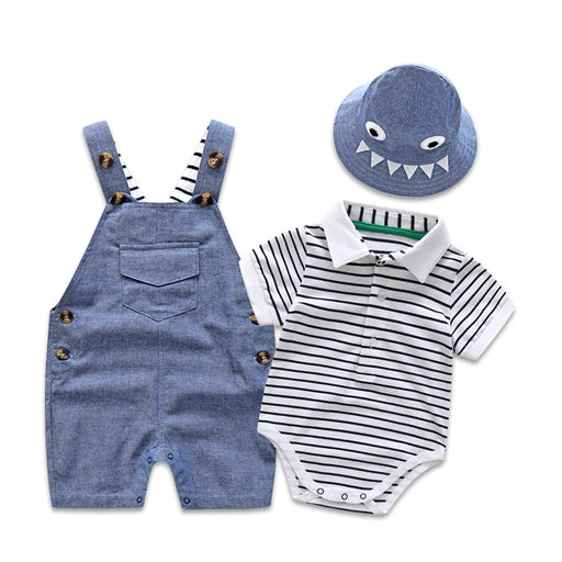 Newborn Baby Clothing for Boys Summer Suit Set Cotton Hat + Striped Romper + Blue Overall  Casual Children Outfit Soft Dress