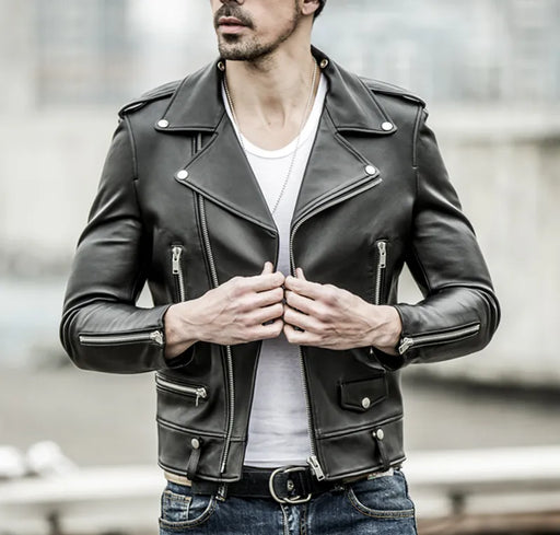 Free shipping.brand new black mens sheepskin jacket.biker soft genuine leather coat.fashion plus size style leather cloth