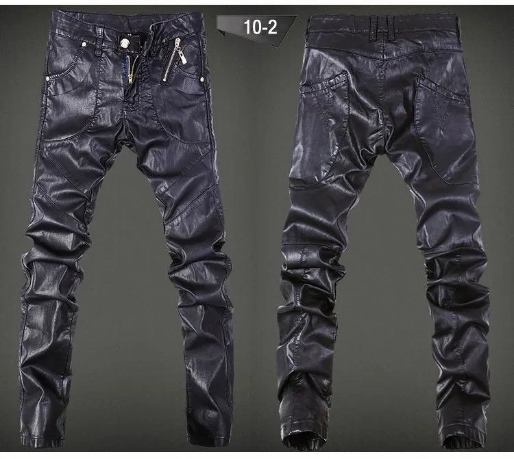 2022 fashion skinny skull Spliced leather pants men casual slim fit washing Locomotive leather pants men feet pants,28-36