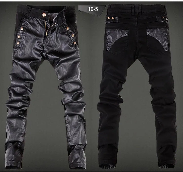 2022 fashion skinny skull Spliced leather pants men casual slim fit washing Locomotive leather pants men feet pants,28-36