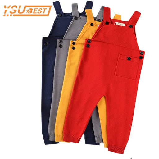 New 2023 Boy Overalls Knit Spring Children Kids Candy Bib Harem Pants Boys Girls Pocket Knitted Overalls Jumpsuits Baby Clothing