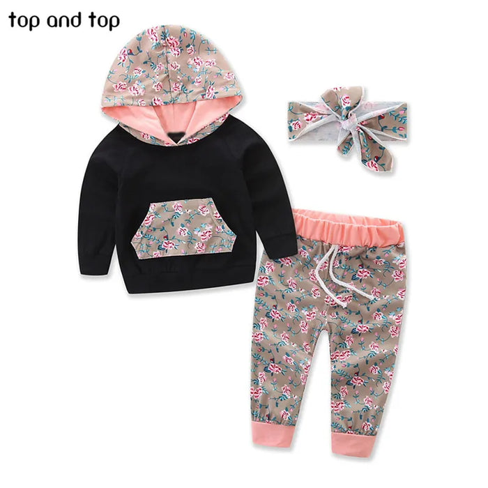 Top and Top Baby Clothing Sets 2017 Winter Sports Floral Hooded Tops Pants Headband Newbron Girls 3PCS Set Baby Girls Clothes