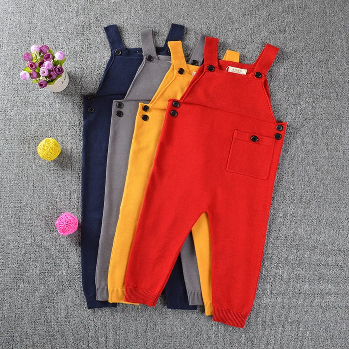 New 2023 Boy Overalls Knit Spring Children Kids Candy Bib Harem Pants Boys Girls Pocket Knitted Overalls Jumpsuits Baby Clothing