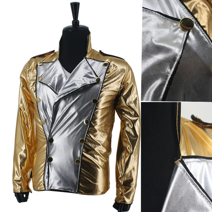 MJ Michael Jackson History BAD Golden Spandex Double Breasted Woven Jacket Performance Halloween Costume Gift