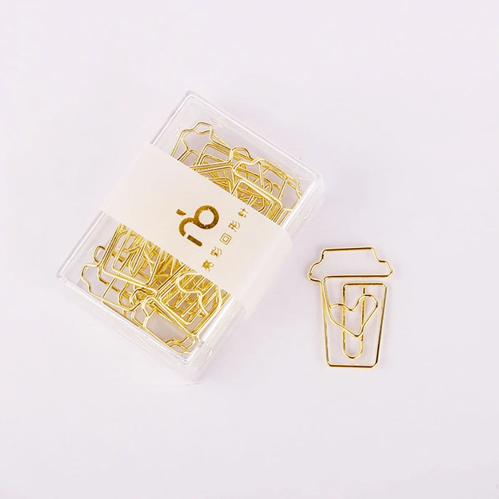 12Pcs/box Coffee Cup Gold and Rose Gold Paper Clip Bookmark Binder Clip Office Accessories Paperclips Patchwork Clip