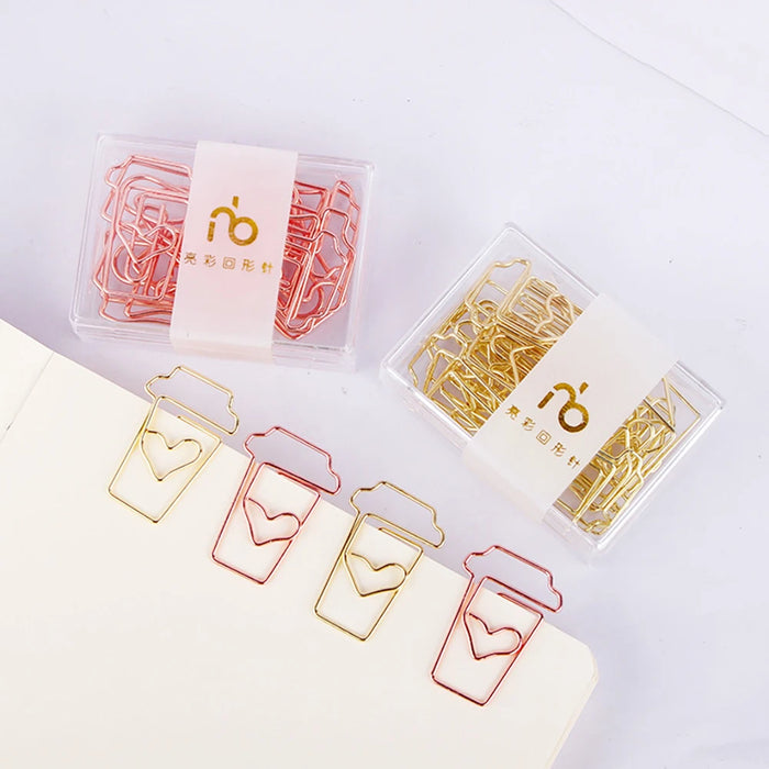 12Pcs/box Coffee Cup Gold and Rose Gold Paper Clip Bookmark Binder Clip Office Accessories Paperclips Patchwork Clip