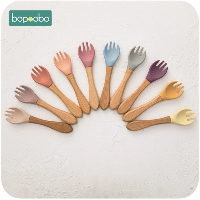 Bopoobo 2PCS Baby Bamboo Fork Silicone Wooden Baby Feeding Spoon Toddlers Infant Feeding Accessories Organic BPA Free Food Grade