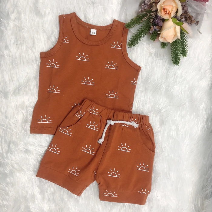 2021 0-3Y Toddler Baby Clothing Summer Soft Cotton 2pcs For Infant Boys Girls Sun Print Sleeveless Top Vest+Shorts Outfits Set