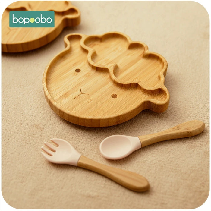 1set Baby Feeding Bowl Baby Dinner Plate Cartoon Sheep Bamboo Kids Feeding Dinnerware With Silicone Suction Cup Wooden Fork Spoo