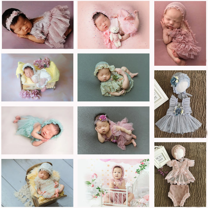 0-2 Yrs Baby Photo Clothing Sets Newborn Girl Lace Princess Dresses Hat Headband Pillow Outfits Infant Photography Costume Dress