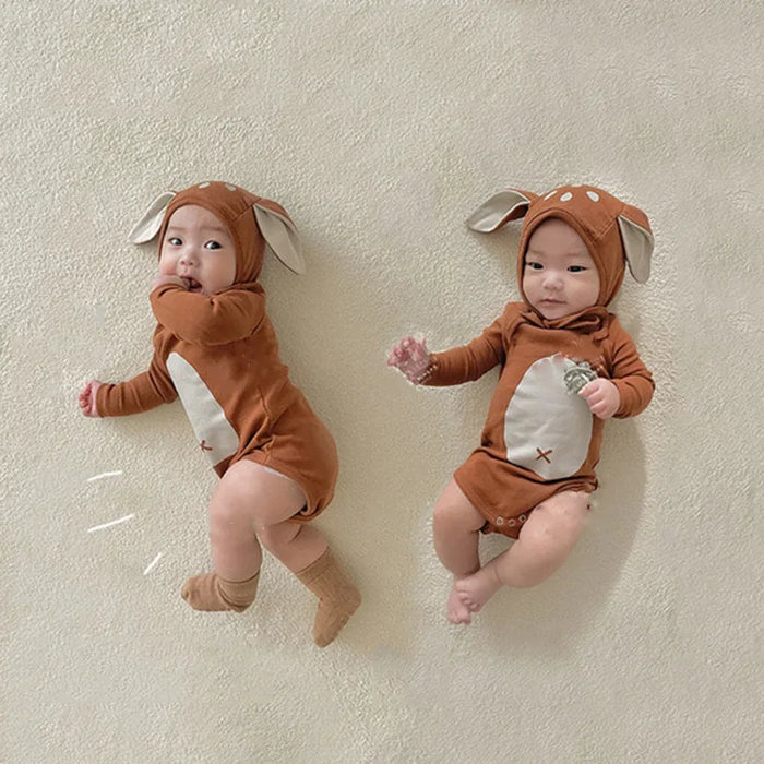 Adorable Baby Sika Deer Romper Hat 2pcs Sets Brown Infant Boy Girl Bodysuit Cap Clothing Outfits Long Sleeve Autumn Winter