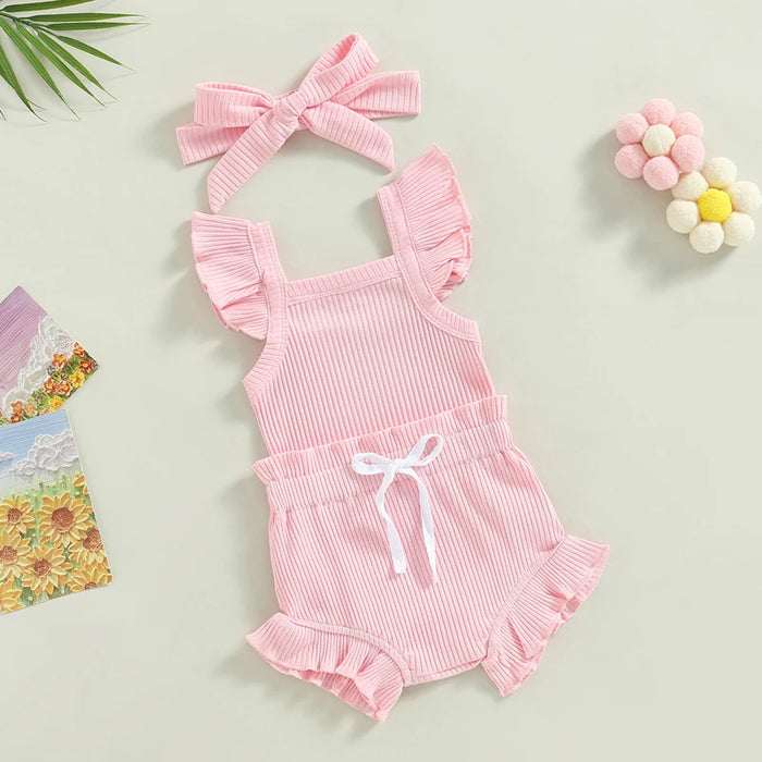 2023-04-12 Lioraitiin 0-18M Toddler Girls 3Pcs Summer Clothes Fly Sleeve Solid Romper Tops Drawstring Short Pants Headband