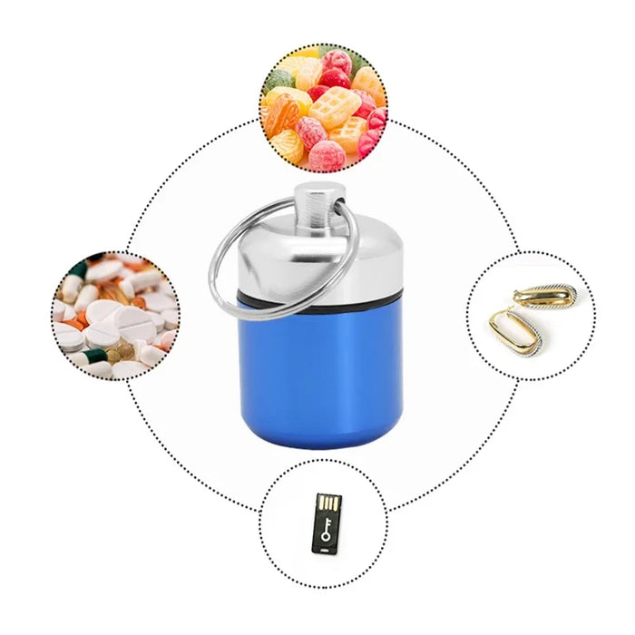 Aluminum Waterproof Pill Box with Sealed Storage, Flat Head, and Keychain for Vitamins Medicine and Fish Oils