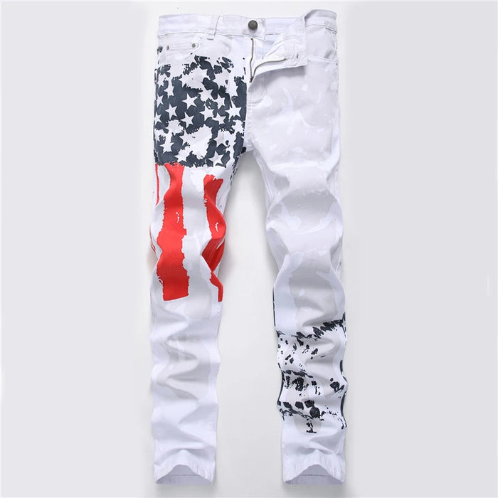 Plus Size 38 40 42 Men's White Jeans QUANBO Brand Men Fashion Casual Printed Jeans Stretch Skinny Denim Jogger Pants