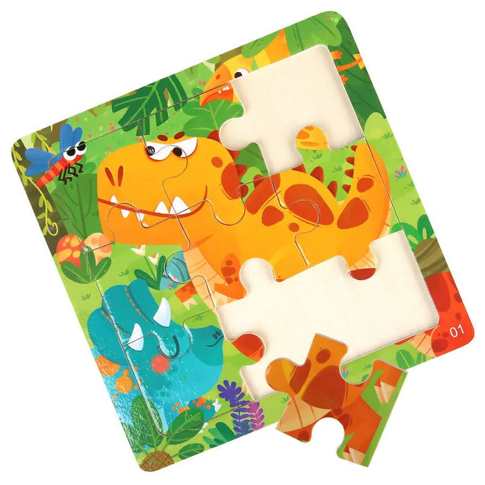 New 9Piece Small Wooden Puzzle Cartoon Animal Vehicle 11x11cm Wood 3d Puzzle Montessori Educational Toys For Kids Gifts