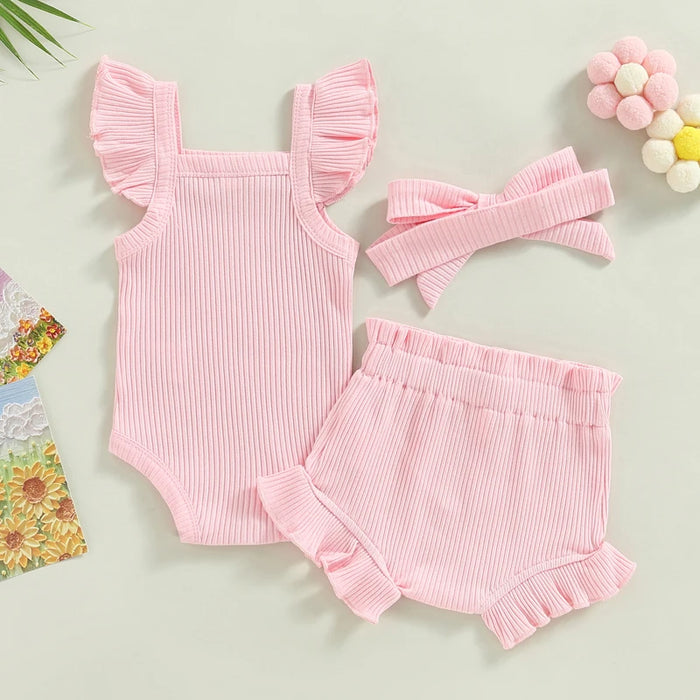 2023-04-12 Lioraitiin 0-18M Toddler Girls 3Pcs Summer Clothes Fly Sleeve Solid Romper Tops Drawstring Short Pants Headband