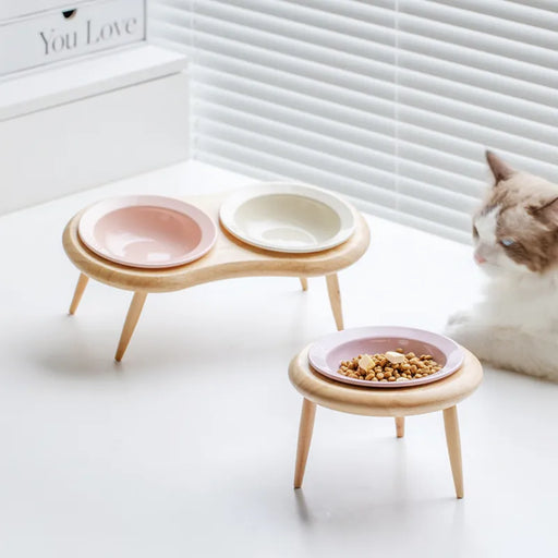 Cat Ceramic Bowl Small Dogs Double Food Water Bowls Pet Elevated Height Adjustable Drinking Eating Bowls with Wooden Stand