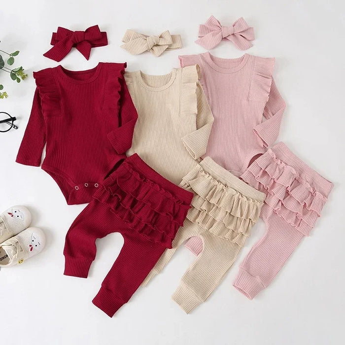 Baby Girl Clothes Newborn Infant Autumn 3Pcs Set Cotton Romper Dot Pants Headband fall Outfits Clothes Baby Girls Clothing Suit