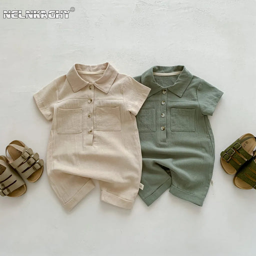 New In Summer Handsome Boys Short Sleeve Solid Color Outwear Infant Newborn Cotton Jumpsuits Toddler Kids Baby Romper