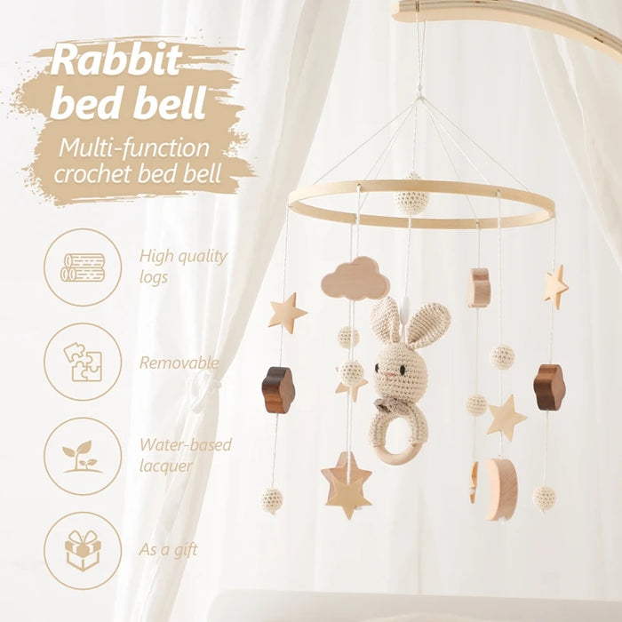 Baby Wooden Bed Bell Cartoon Rabbit Mobile Hanging Rattles Toy Hanger Crib Mobile Bed Bell Wood Toy Holder Arm Bracket Kid Gifts