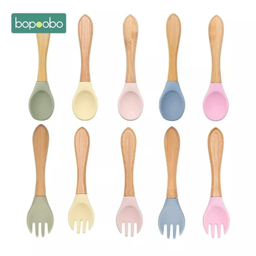 Bopoobo 2PCS Baby Bamboo Fork Silicone Wooden Baby Feeding Spoon Toddlers Infant Feeding Accessories Organic BPA Free Food Grade