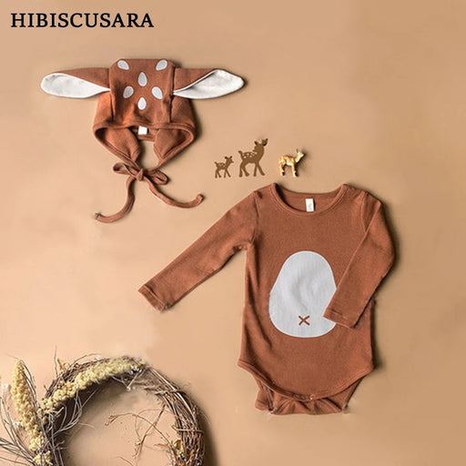 Adorable Baby Sika Deer Romper Hat 2pcs Sets Brown Infant Boy Girl Bodysuit Cap Clothing Outfits Long Sleeve Autumn Winter