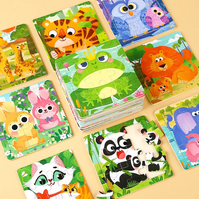 New 9Piece Small Wooden Puzzle Cartoon Animal Vehicle 11x11cm Wood 3d Puzzle Montessori Educational Toys For Kids Gifts