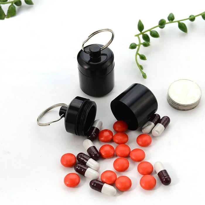 Aluminum Waterproof Pill Box with Sealed Storage, Flat Head, and Keychain for Vitamins Medicine and Fish Oils