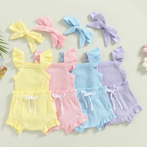 2023-04-12 Lioraitiin 0-18M Toddler Girls 3Pcs Summer Clothes Fly Sleeve Solid Romper Tops Drawstring Short Pants Headband