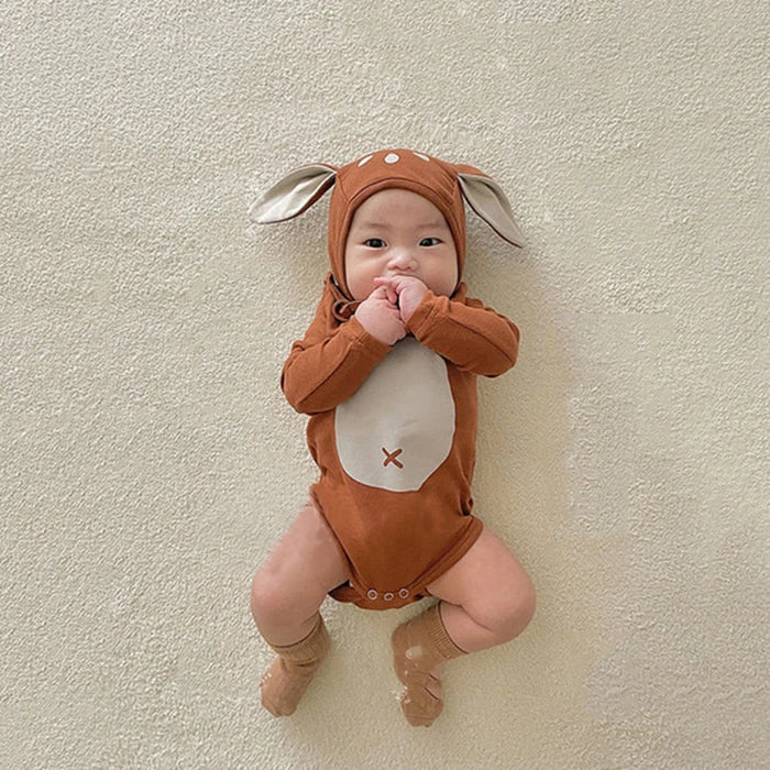 Adorable Baby Sika Deer Romper Hat 2pcs Sets Brown Infant Boy Girl Bodysuit Cap Clothing Outfits Long Sleeve Autumn Winter