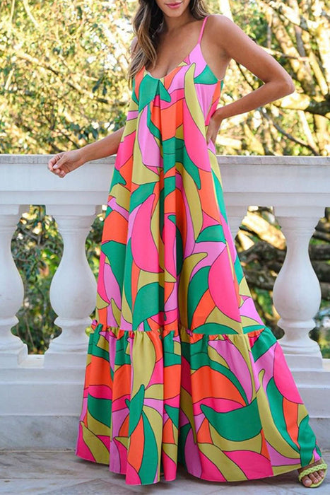 Multicolor Geometric Colorblock V Neck Tiered Maxi Dress