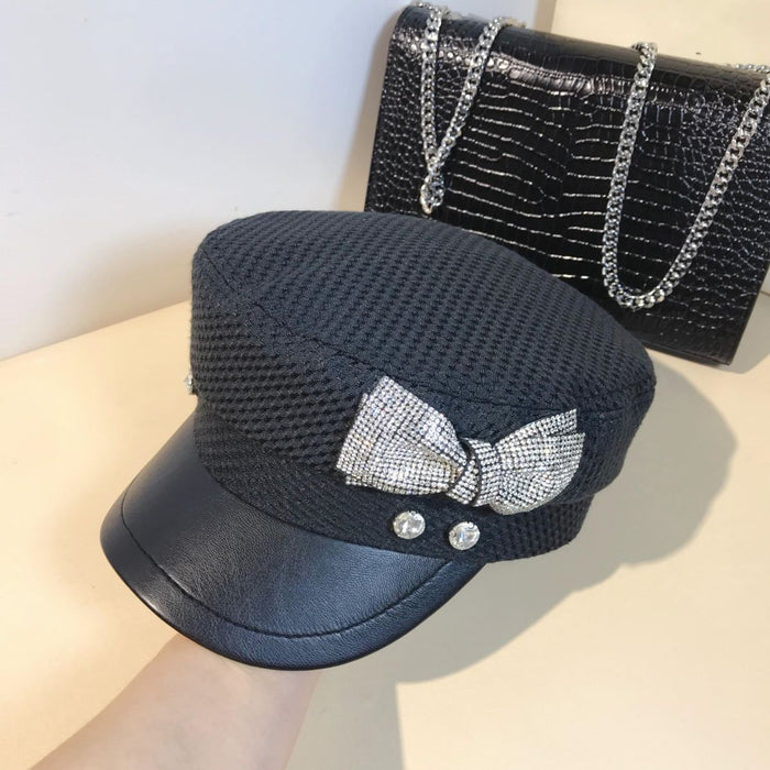 Splicing Socialite Flat Top Rhinestone Bow Navy Hat Female