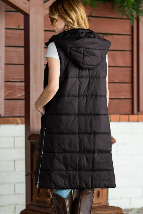 Brown Hooded Pocketed Quilted Long Vest Coat