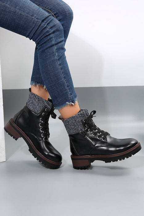 Black Knitted Patched Lace Up Heeled Ankle Boots