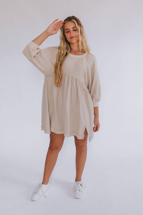 Oatmeal Frill Detail Exposed Seam Slits Mini Dress