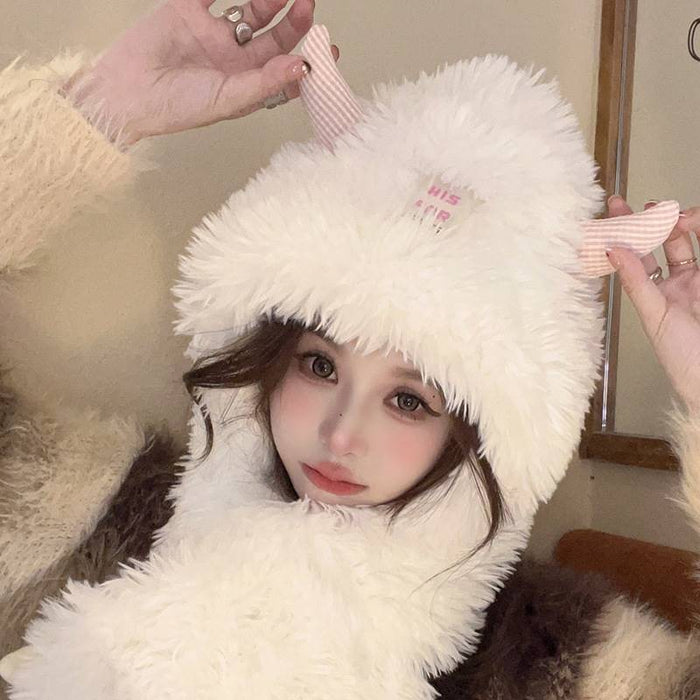 Hat And Scarf Integrated Cartoon Versatile Plush Ear Protection