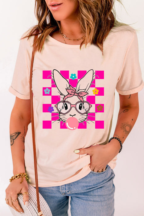 Pink Easter Rabbit Checkered Flower Graphic O Neck T Shirt