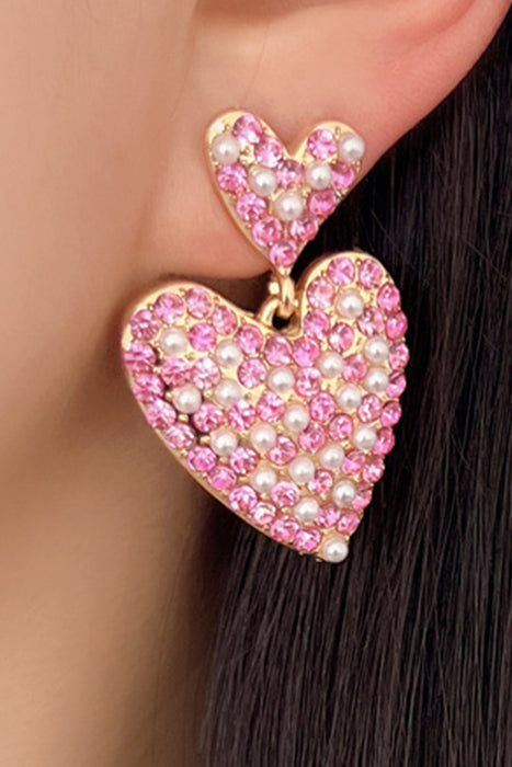 Pink Rhinestone Pearl Dual Heart Shape Valentine Earrings