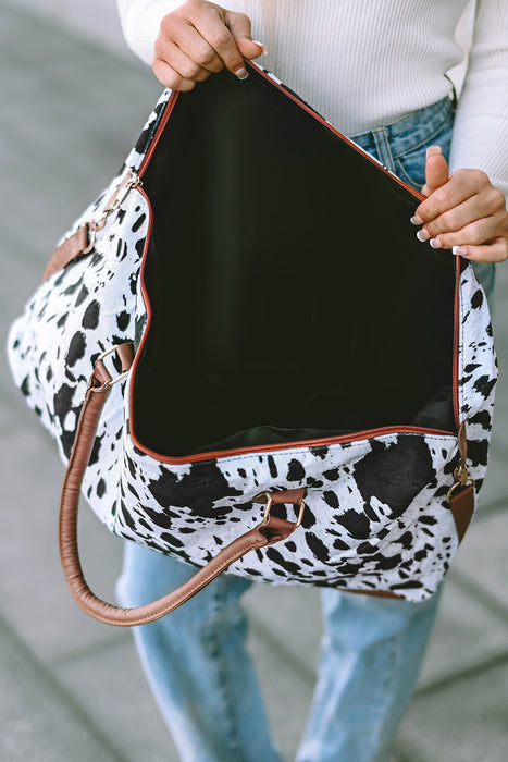 White Animal Spots Printed Leather Tote Bag