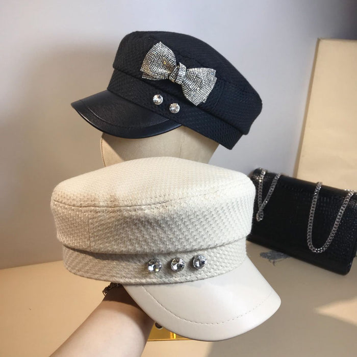 Splicing Socialite Flat Top Rhinestone Bow Navy Hat Female