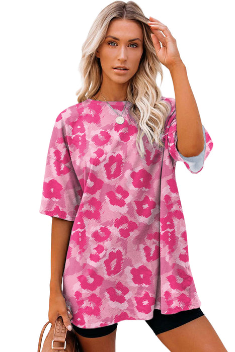 Pink Leopard Print Drop Sleeve Oversized T Shirt