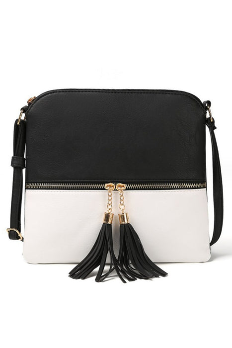 Black Tasseled Decor Color Block Pleathered Shoulder Bag