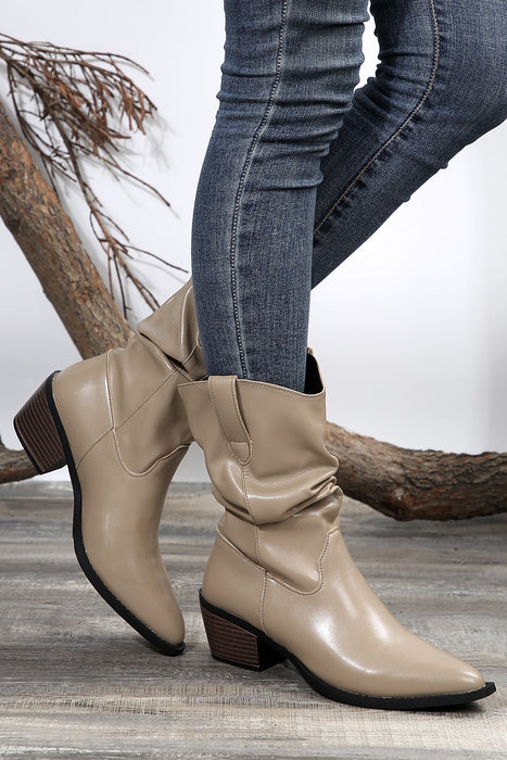 Coffee Block Heel Scrunch Faux Leather Pointed Toe Boots