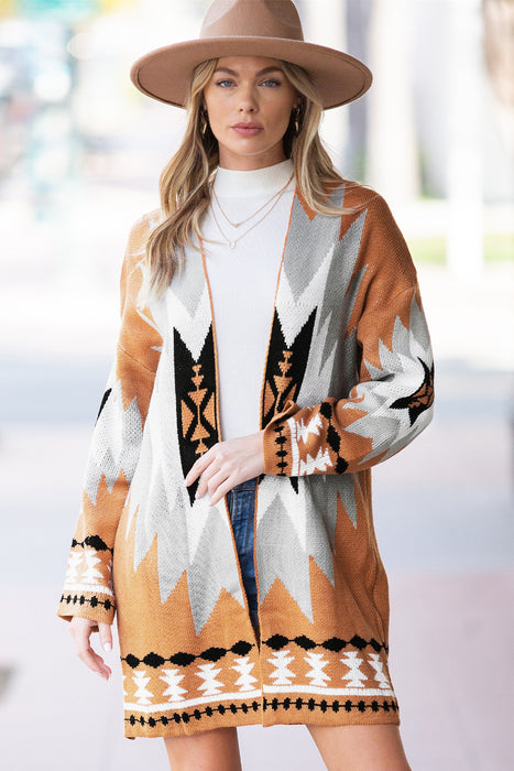 Gold Flame Geometric Graphic Open Front Cardigan