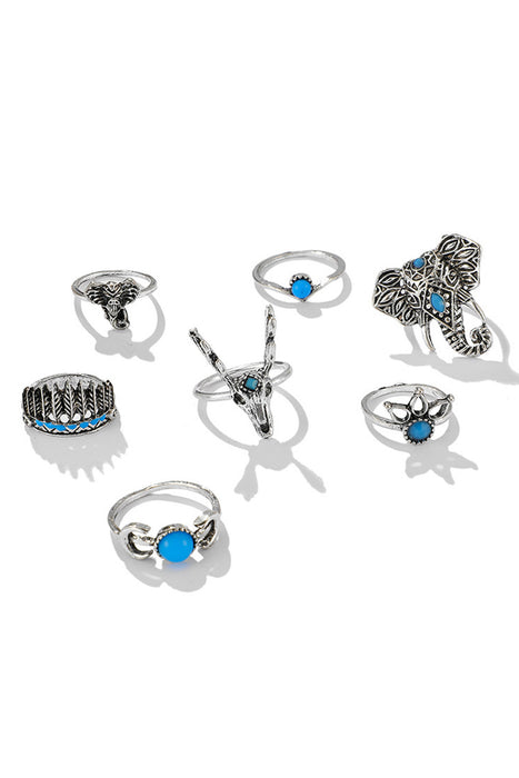 Silver 7Pcs Animal Deer Head Elephant Ring Set