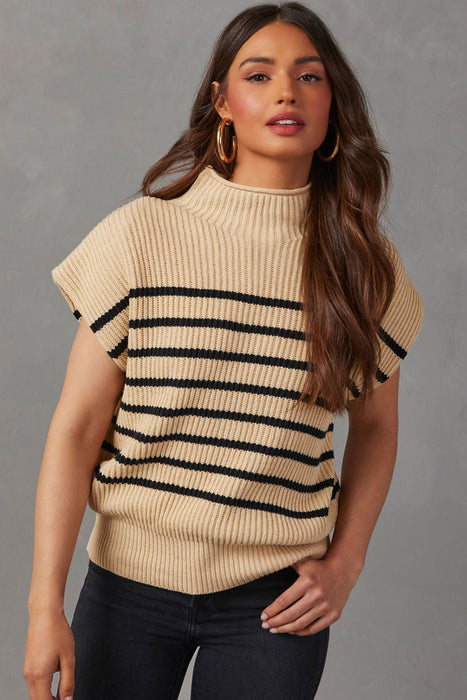 Parchment Striped Knit Mock Neck Short Sleeve Sweater