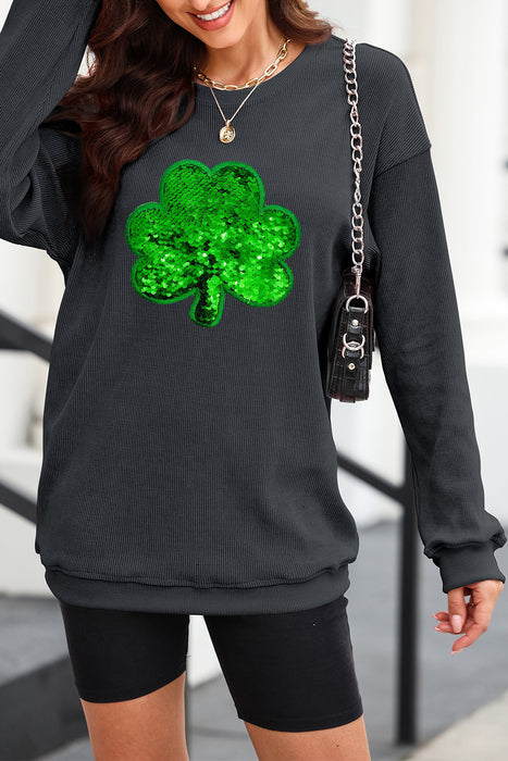 Black Sequin Embroidered Clover Corded Graphic Sweatshirt